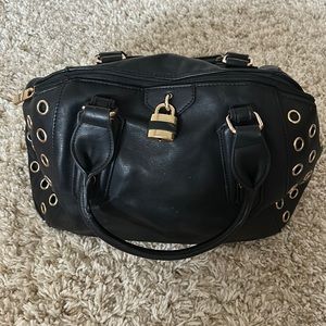Black and Gold Grommet Handbag with Gold Lock Accent